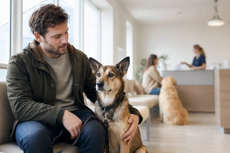 Ein Dingo-Hund sitzt ruhig neben seinem Besitzer im hellen Wartezimmer einer modernen Tierarztpraxis.